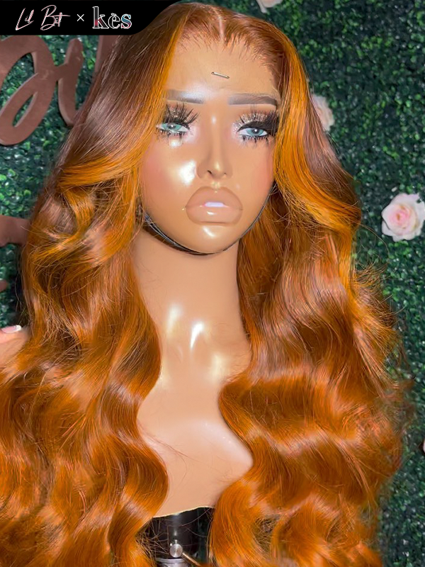 Kes x lilbit_collections 24 inch 5x5  Glueless human hair HD lace closure wigs 200% density body wave wigs brown and orange ombre color