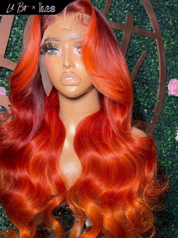 Kes x lilbit_collections 24 inch 5x5  Glueless human hair HD lace closure wigs 200% density body wave wigs red and orange ombre color