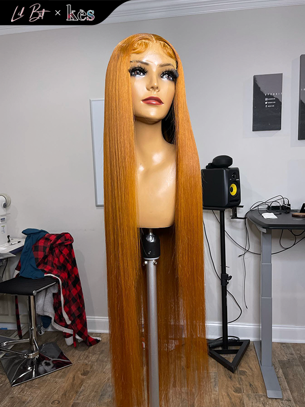 Kes x lilbit_collections 28 inch 5x5  Glueless human hair HD lace closure wigs 200% density straight wigs light orange color