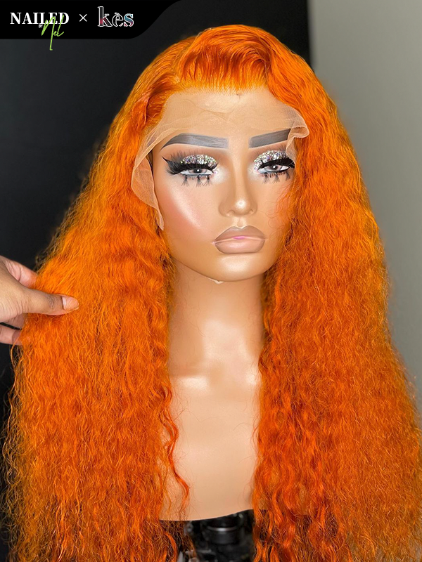 Kes x nailedby.nel 24 inch 5x5 Glueless human hair HD lace closure wigs 200% density curly wave wigs orange color