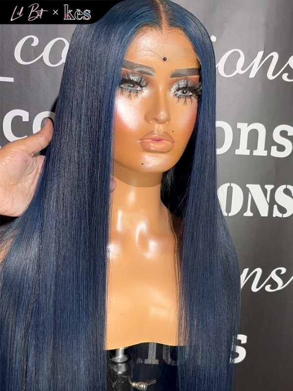 Kes x lilbit_collections 24 inch 5x5  Glueless human hair HD lace closure wigs 200% density straight wigs blue color