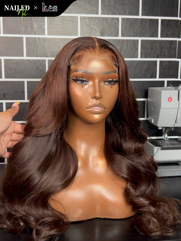 Kes x nailedby.nel 26 inch 5x5 Glueless human hair HD lace closure wigs 200% density body wave wigs brown color