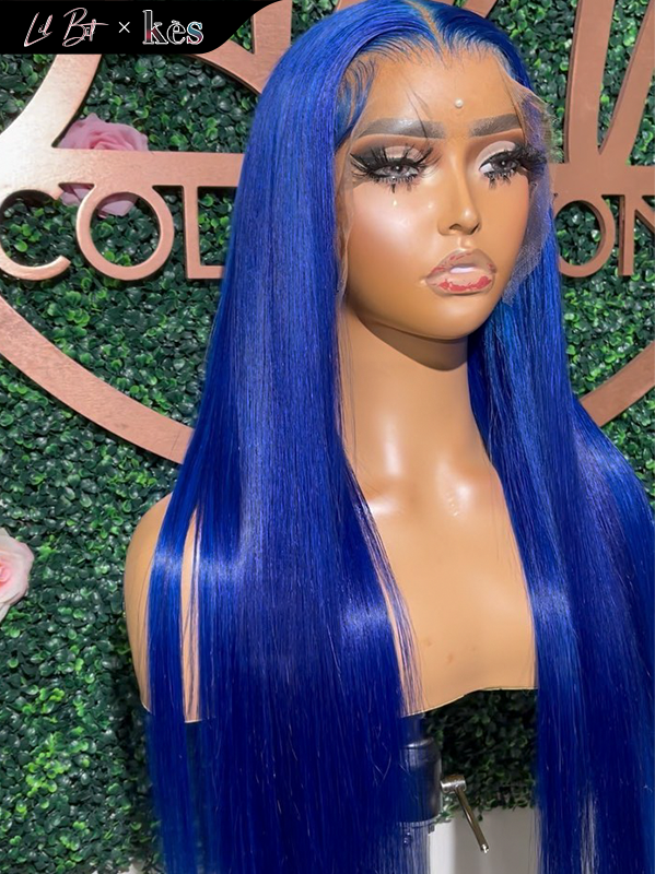 Kes x lilbit_collections 26 inch 5x5  Glueless human hair HD lace closure wigs 200% density straight wigs blue color