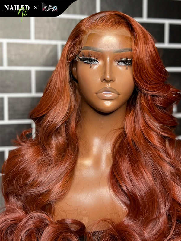 Kes x nailedby.nel 22 inch 5x5 Glueless human hair HD lace closure wigs 200% density body wave wigs orange color