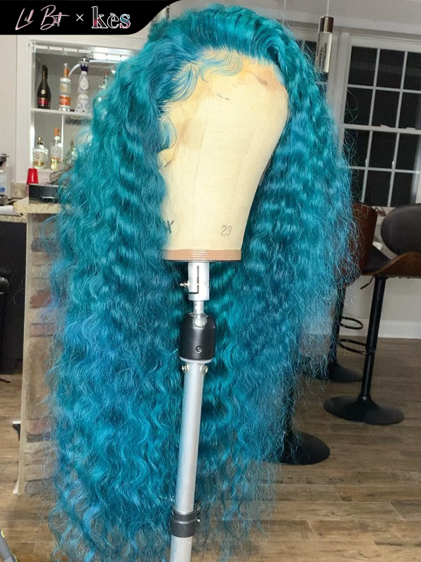 Kes x lilbit_collections 26 inch 5x5  Glueless human hair HD lace closure wigs 200% density loose wave wigs blue color