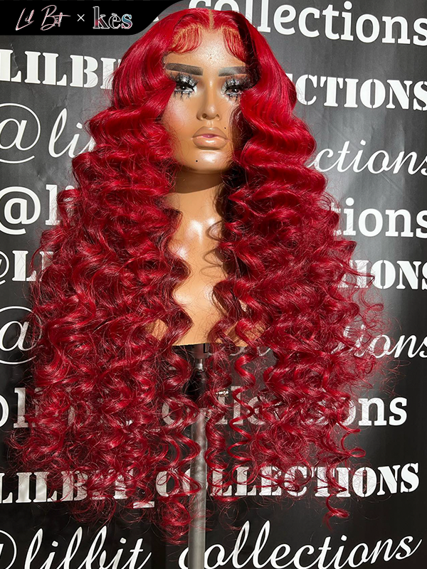 Kes x lilbit_collections 26 inch 5x5  Glueless human hair HD lace closure wigs 200% density loose wave wigs crimson red color
