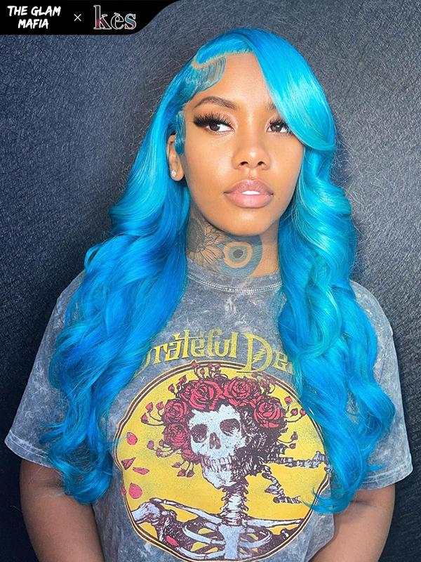 KES X glammedbytracey 24 inch 13x6 HD Lace front wigs virgin human hair 200 density lace frontal body wave wigs blue color