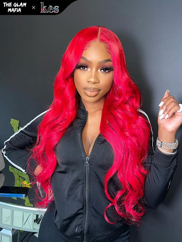 KES X glammedbytracey 26 inch 13x6 HD Lace front wigs virgin human hair 200 density lace frontal body wave wigs red color