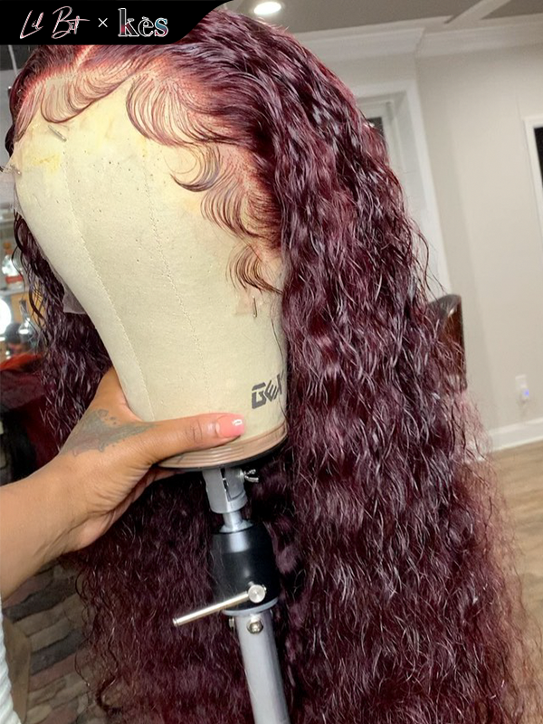 Kes x lilbit_collections 24 inch 5x5  Glueless human hair HD lace closure wigs 200% density curly wave wigs 99j color