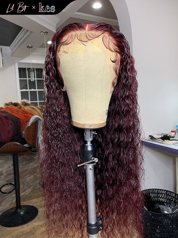 Kes x lilbit_collections 24 inch 5x5  Glueless human hair HD lace closure wigs 200% density curly wave wigs 99j color