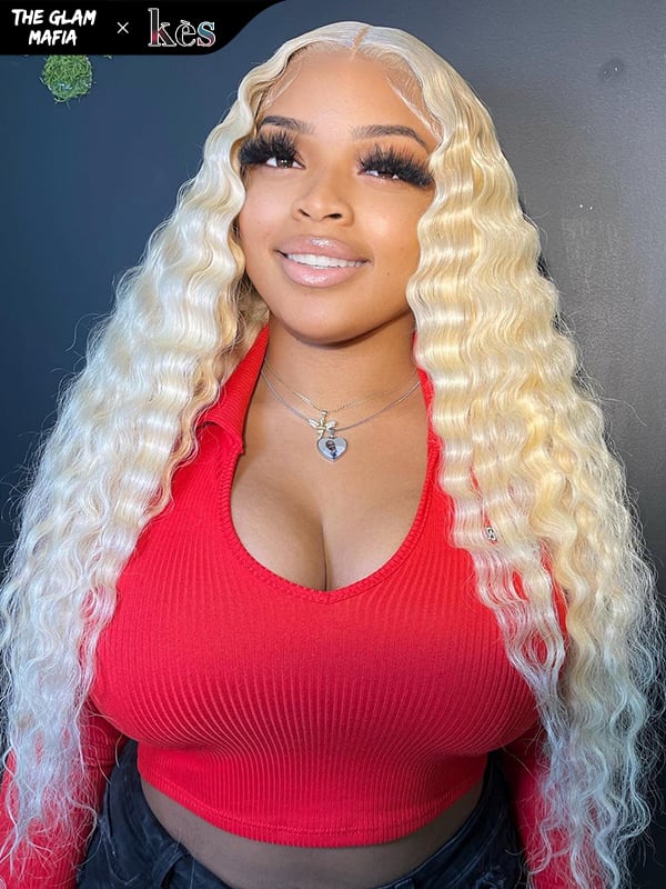 KES X glammedbytracey 28 inch 13x6 HD Lace front wigs virgin human hair 200 density lace frontal deep wave wigs blonde color