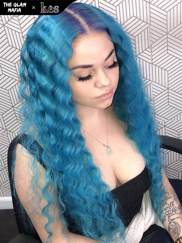 KES X glammedbytracey 22 inch 13x6 HD Lace front wigs virgin human hair 200 density lace frontal loose wave wigs blue color