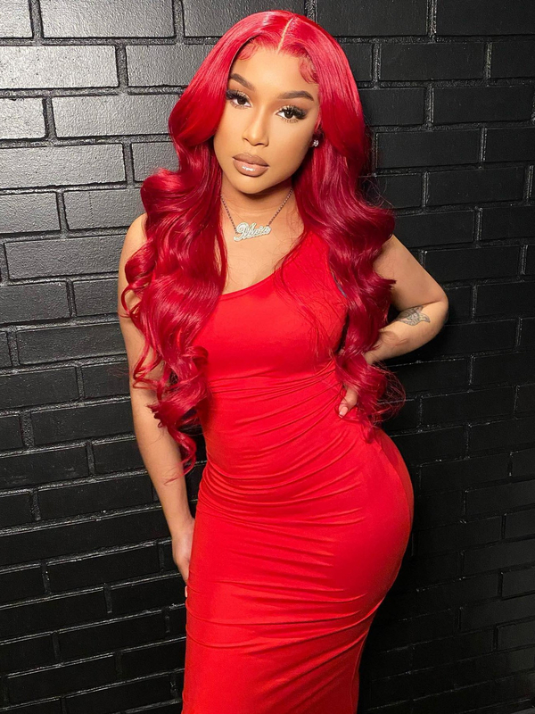 Keswigs 26 inch 13x6 HD Lace front wigs virgin human hair 200 density lace frontal body wave wigs red color