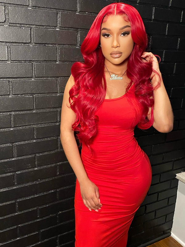 Keswigs 26 inch 13x6 HD Lace front wigs virgin human hair 200 density lace frontal body wave wigs red color