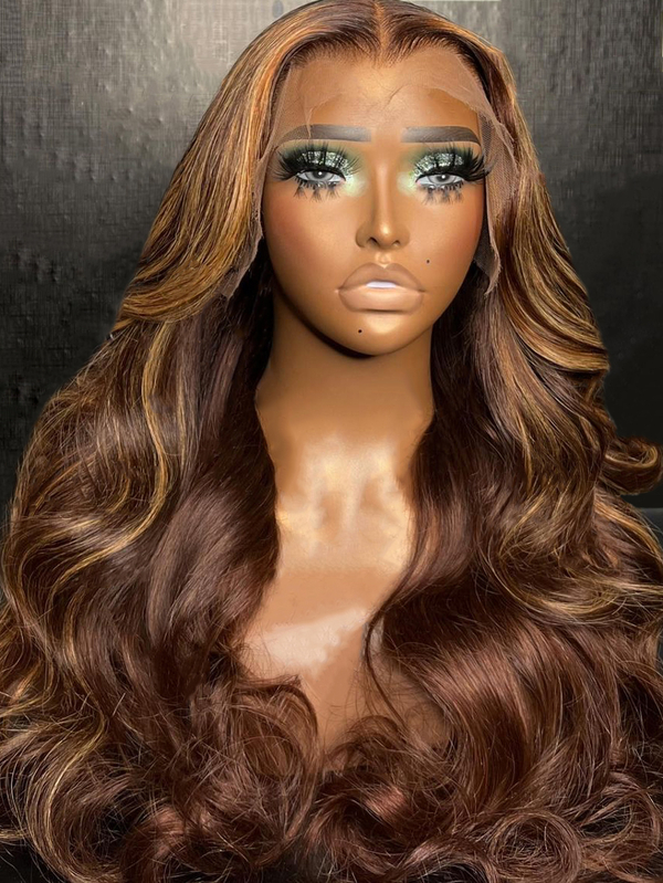 Keswigs Blonde and brown Highlight color 200 density body wave virgin human hair 13x4 HD Lace front wigs