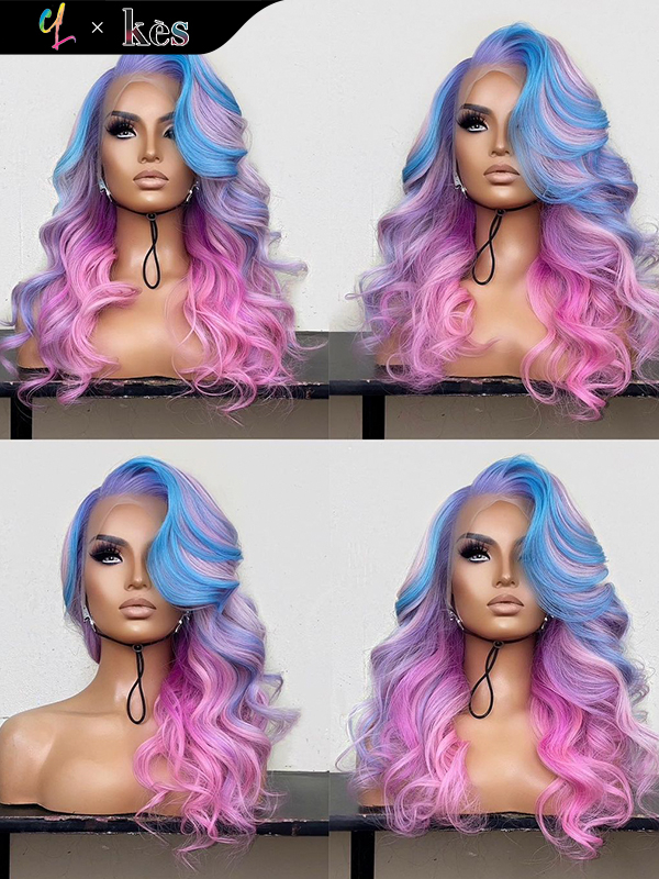 Kes x cynthialumzy 24 inch 5x5 Glueless human hair HD lace closure wigs 200% density body wave wigs blue and pink highlight color