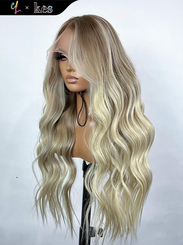 Kes x cynthialumzy 28 inch 13x6 HD Lace front wigs virgin human hair 200 density lace frontal body wave wigs blonde ombre color