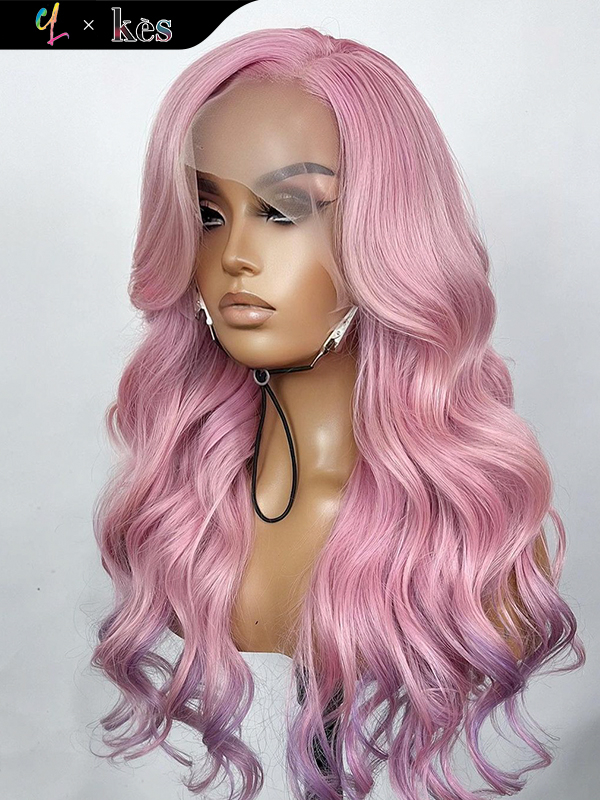Kes x cynthialumzy 24 inch 13x6 HD Lace front wigs virgin human hair 200 density lace frontal body wave wigs pink and purple ombre color