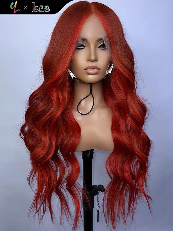 Kes x cynthialumzy 28 inch 13x6 HD Lace front wigs virgin human hair 200 density lace frontal body wave wigs red highlight color