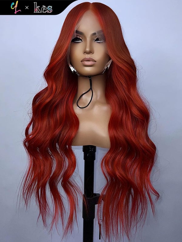 Kes x cynthialumzy 28 inch 13x6 HD Lace front wigs virgin human hair 200 density lace frontal body wave wigs red highlight color
