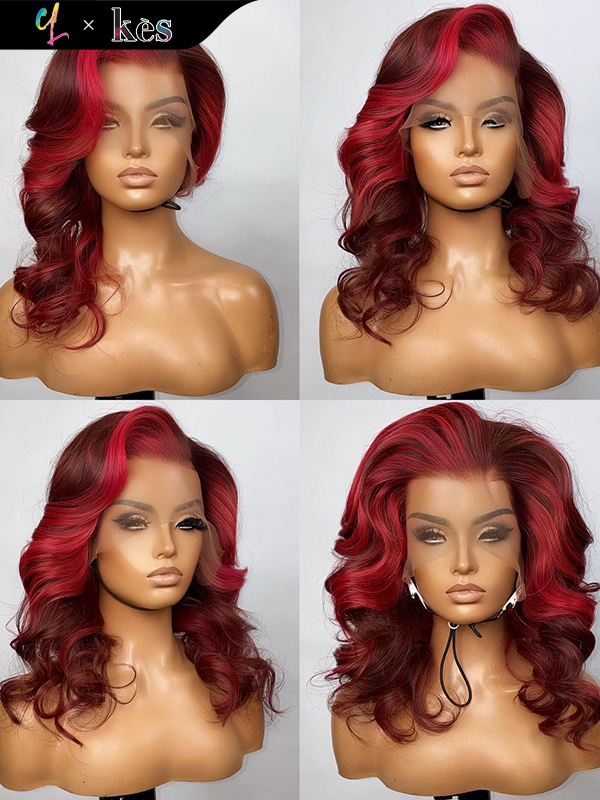 Kes x cynthialumzy 22 inch 13x6 HD Lace front wigs virgin human hair 200 density lace frontal body wave wigs red highlight color