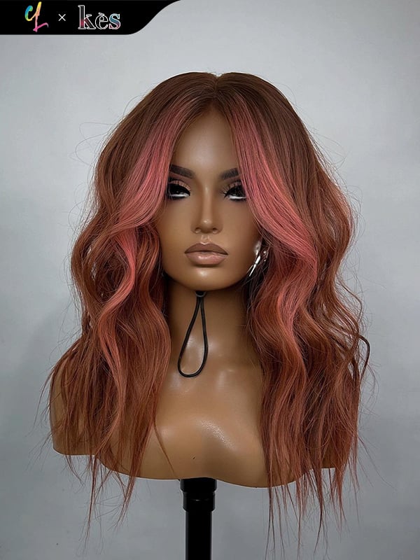 Kes x cynthialumzy 22 inch 5x5  Glueless human hair HD lace closure wigs 200% density body wave wigs pink highlight color