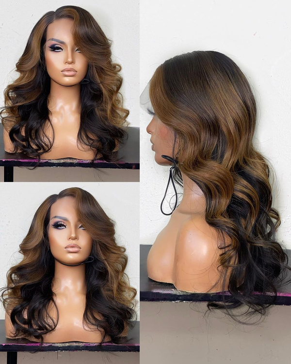 Kes x cynthialumzy 20 inch 13x6 HD Lace front wigs virgin human hair 200 density lace frontal body wave wigs brown highlight color