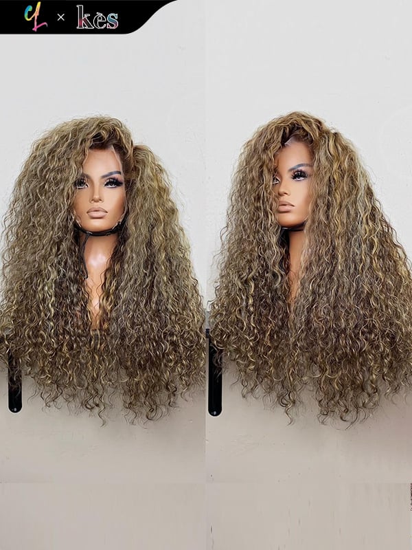 Kes x cynthialumzy 26 inch 5x5 Glueless human hair HD lace closure wigs 200% density curly wave wigs blonde highlight color