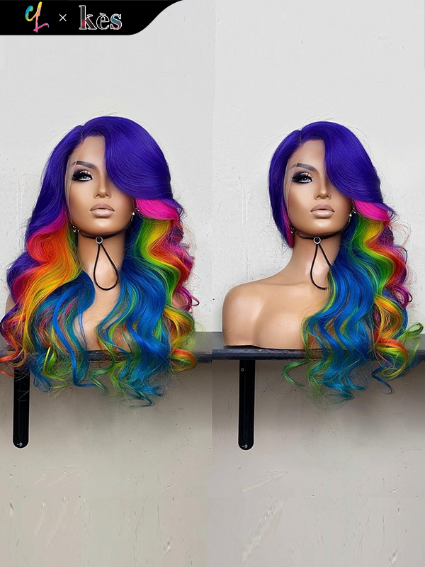 Kes x cynthialumzy 22 inch 5x5 Glueless human hair HD lace closure wigs 200% density body wave wigs colorful highlight