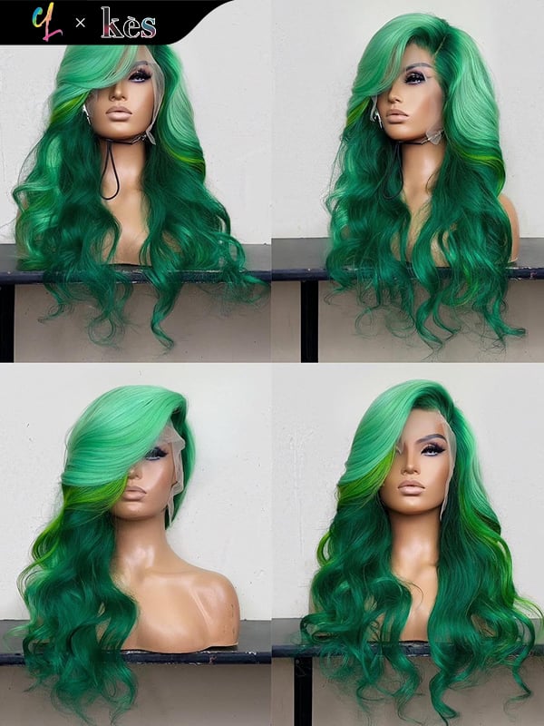 Kes x cynthialumzy 26 inch 5x5 Glueless human hair HD lace closure wigs 200% density body wave wigs green highlight color