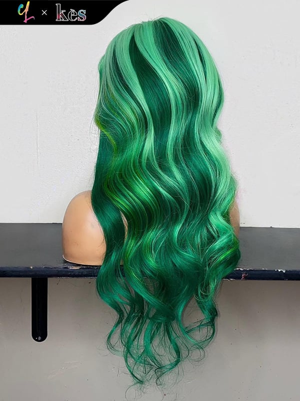 Kes x cynthialumzy 26 inch 5x5 Glueless human hair HD lace closure wigs 200% density body wave wigs green highlight color