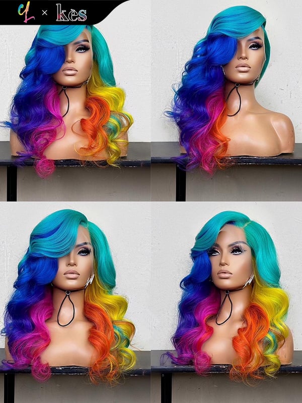 Kes x cynthialumzy 24 inch 5x5 Glueless human hair HD lace closure wigs 200% density body wave wigs colorful highlight