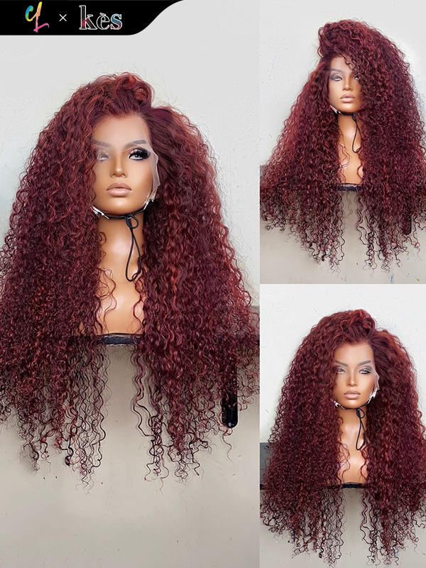 Kes x cynthialumzy 28 inch 13x6 HD Lace front wigs virgin human hair 200 density lace frontal curly wave wigs 99j color