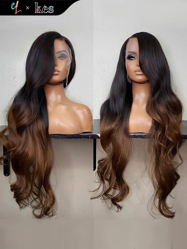 Kes x cynthialumzy 30 inch 13x6 HD Lace front wigs virgin human hair 200 density lace frontal body wave wigs 27# ombre color