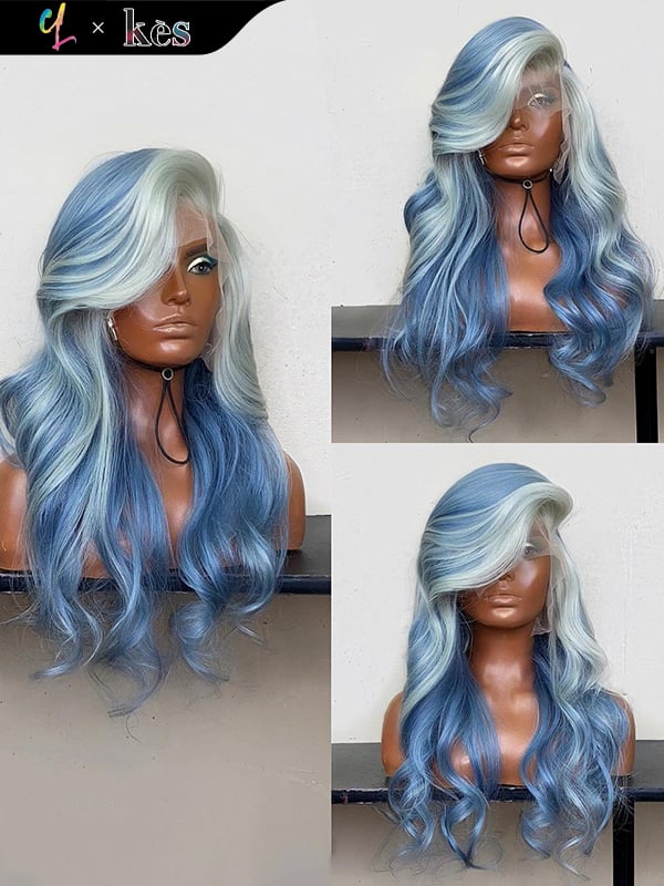 Kes x cynthialumzy 24 inch 13x6 HD Lace front wigs virgin human hair 200 density lace frontal body wave wigs blue and silver highlight color
