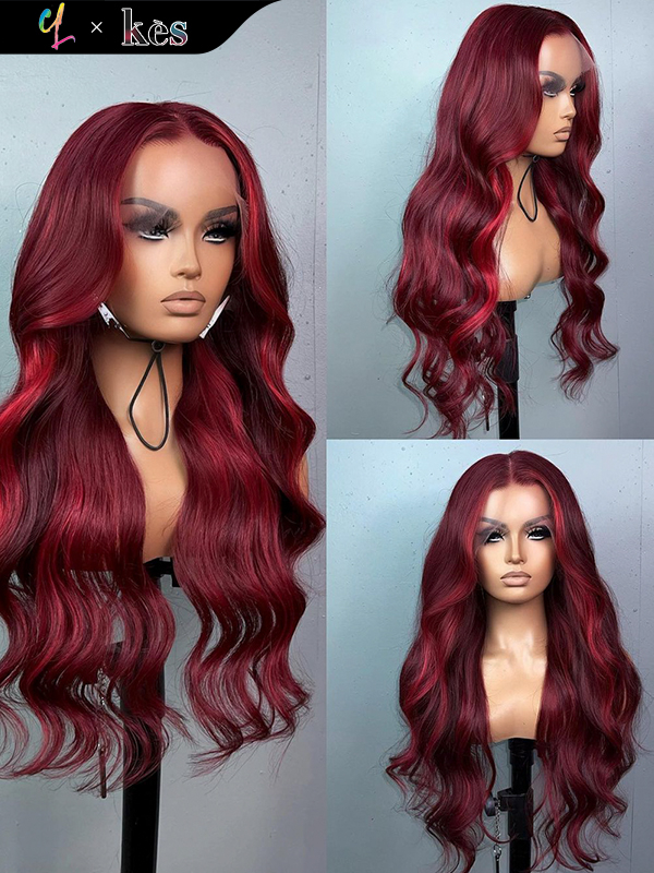 Kes x cynthialumzy 28 inch 13x6 HD Lace front wigs virgin human hair 200 density lace frontal body wave wigs 99j highlight color
