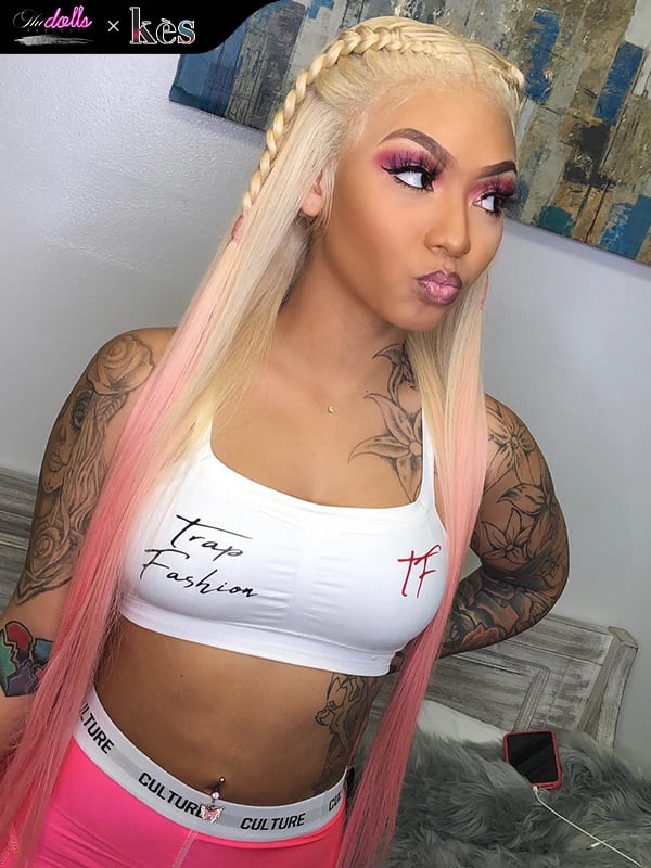 Kes x thedollsproject 28 inch 13x6 HD Lace front wigs virgin human hair 200 density lace frontal straight wigs pink and blonde ombre color