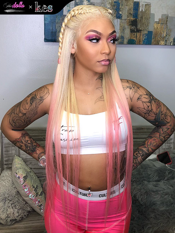 Kes x thedollsproject 28 inch 13x6 HD Lace front wigs virgin human hair 200 density lace frontal straight wigs pink and blonde ombre color