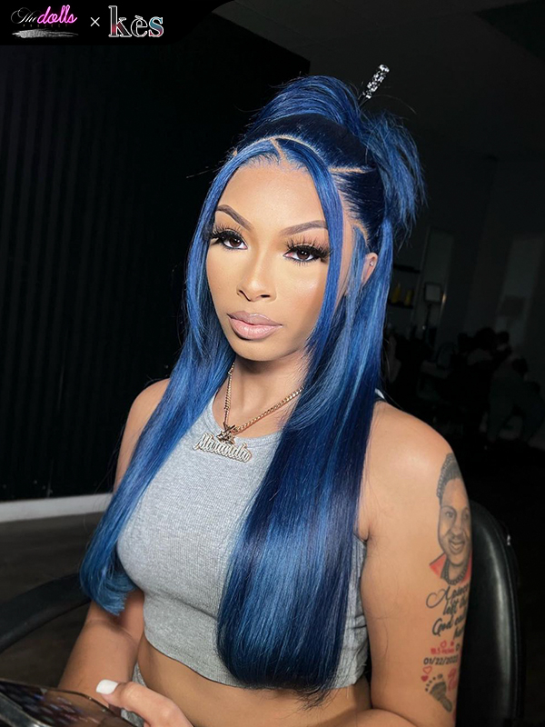 Kes x thedollsproject 22 inch 13x6 HD Lace front wigs virgin human hair 200 density lace frontal straight wigs blue color