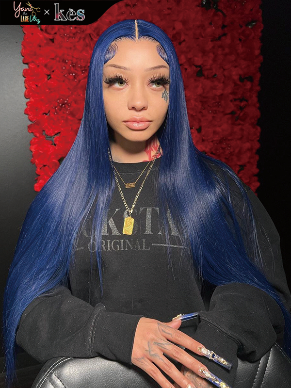 Kes x yanithelacewiz 30 inch 13x6 HD Lace front wigs virgin human hair 200 density lace frontal straight wigs blue color
