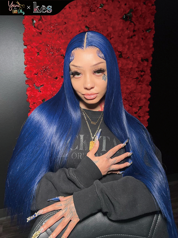 Kes x yanithelacewiz 30 inch 13x6 HD Lace front wigs virgin human hair 200 density lace frontal straight wigs blue color