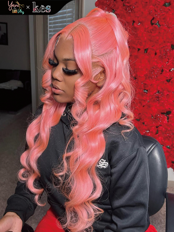 Kes x yanithelacewiz 26 inch 13x6 HD Lace front wigs virgin human hair 200 density lace frontal body wave wigs pink color