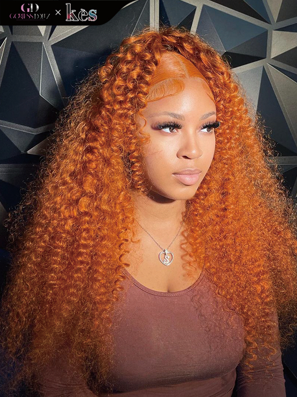 Kes x gorjessdollz 24 inch 13x6 HD Lace front wigs virgin human hair 200 density lace frontal curly wave wigs orange color