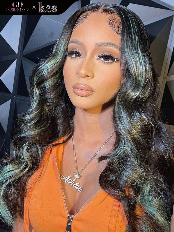 Kes x gorjessdollz 22 inch 13x6 HD Lace front wigs virgin human hair 200 density lace frontal body wave wigs green highlight color