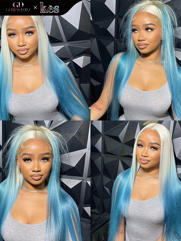 Kes x gorjessdollz 24 inch 13x6 HD Lace front wigs virgin human hair 200 density lace frontal straight wigs white and blue ombre color