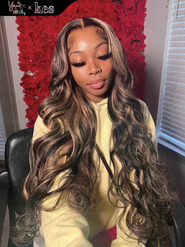 Kes x yanithelacewiz 30 inch 13x6 HD Lace front wigs virgin human hair 200 density lace frontal body wave wigs brown highlight color