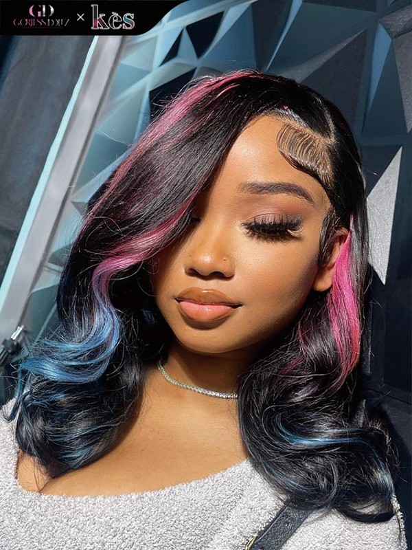 Kes x gorjessdollz 20 inch 13x6 HD Lace front wigs virgin human hair 200 density lace frontal body wave wigs pink and blue highlight color
