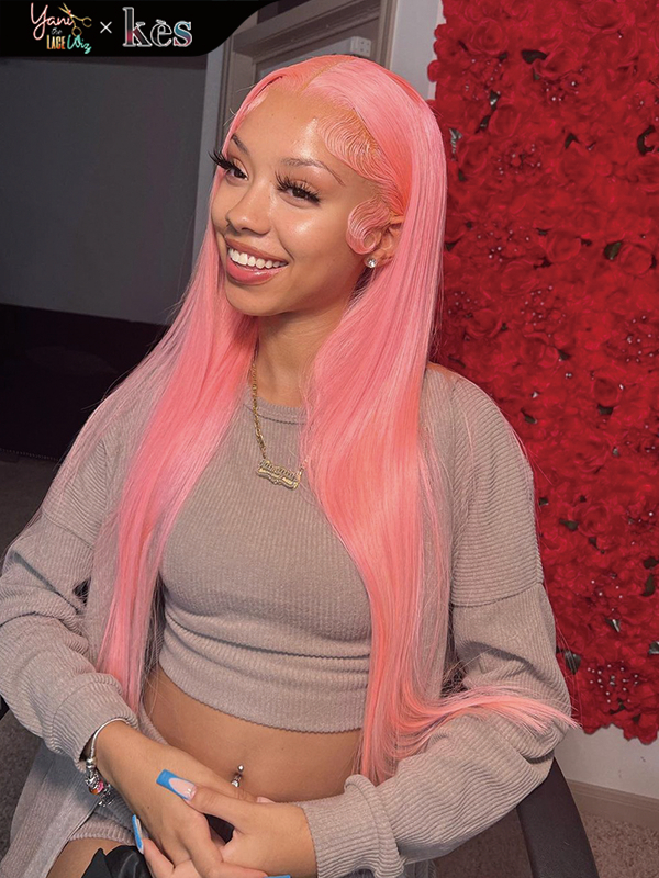 Kes x yanithelacewiz 28 inch 13x6 HD Lace front wigs virgin human hair 200 density lace frontal straight wigs pink color