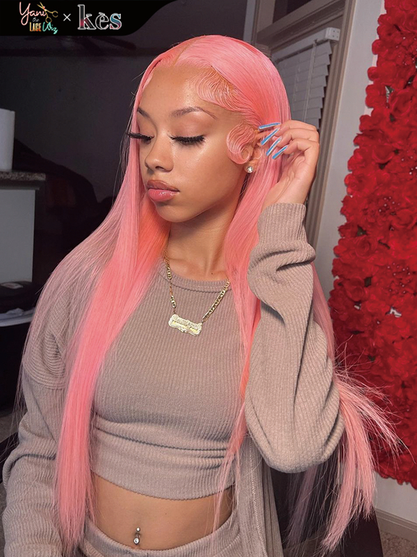 Kes x yanithelacewiz 28 inch 13x6 HD Lace front wigs virgin human hair 200 density lace frontal straight wigs pink color